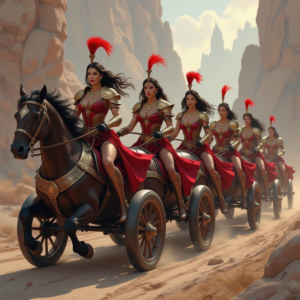 Six Women Warriors Ride Chariots in Dark Fantasy Style