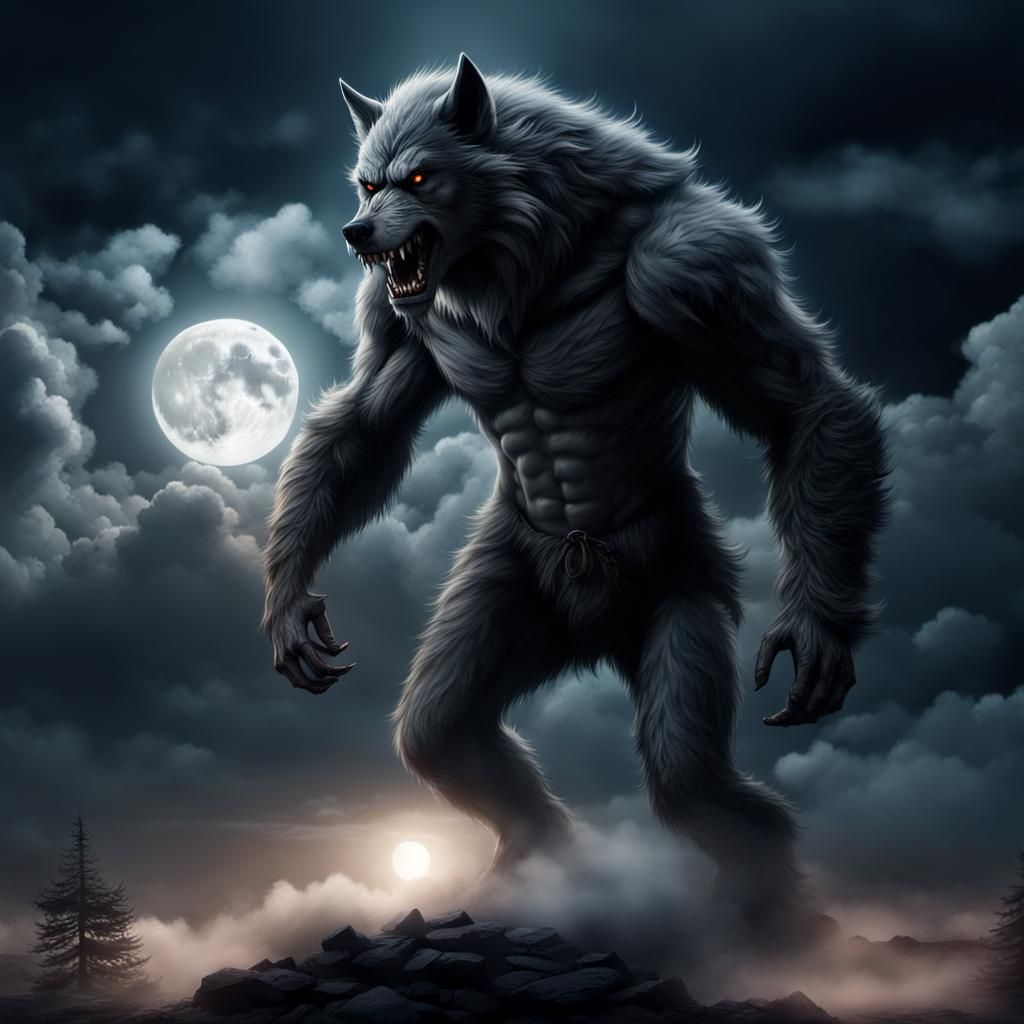 Werewolf Transformation Under Full Moon in Digital Painting