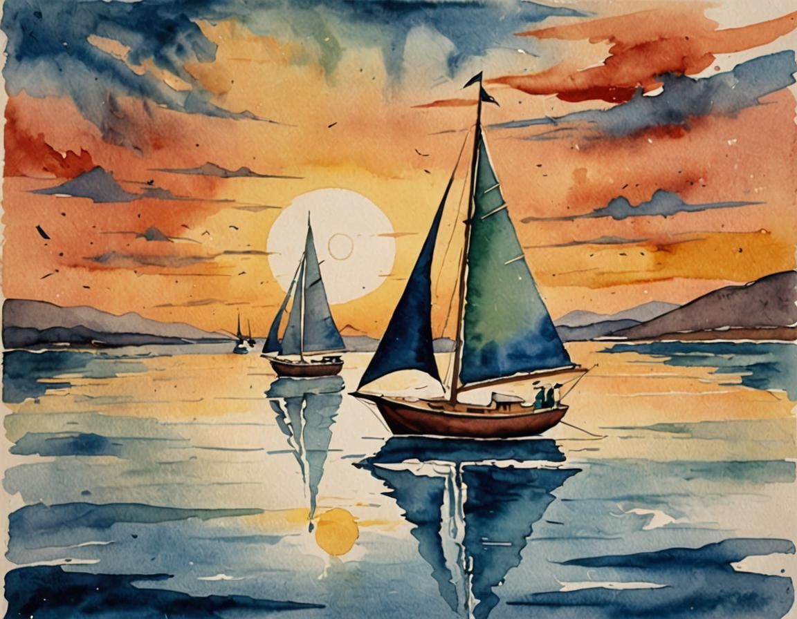 Sailboat at Sunset in Surrealist Watercolor Style