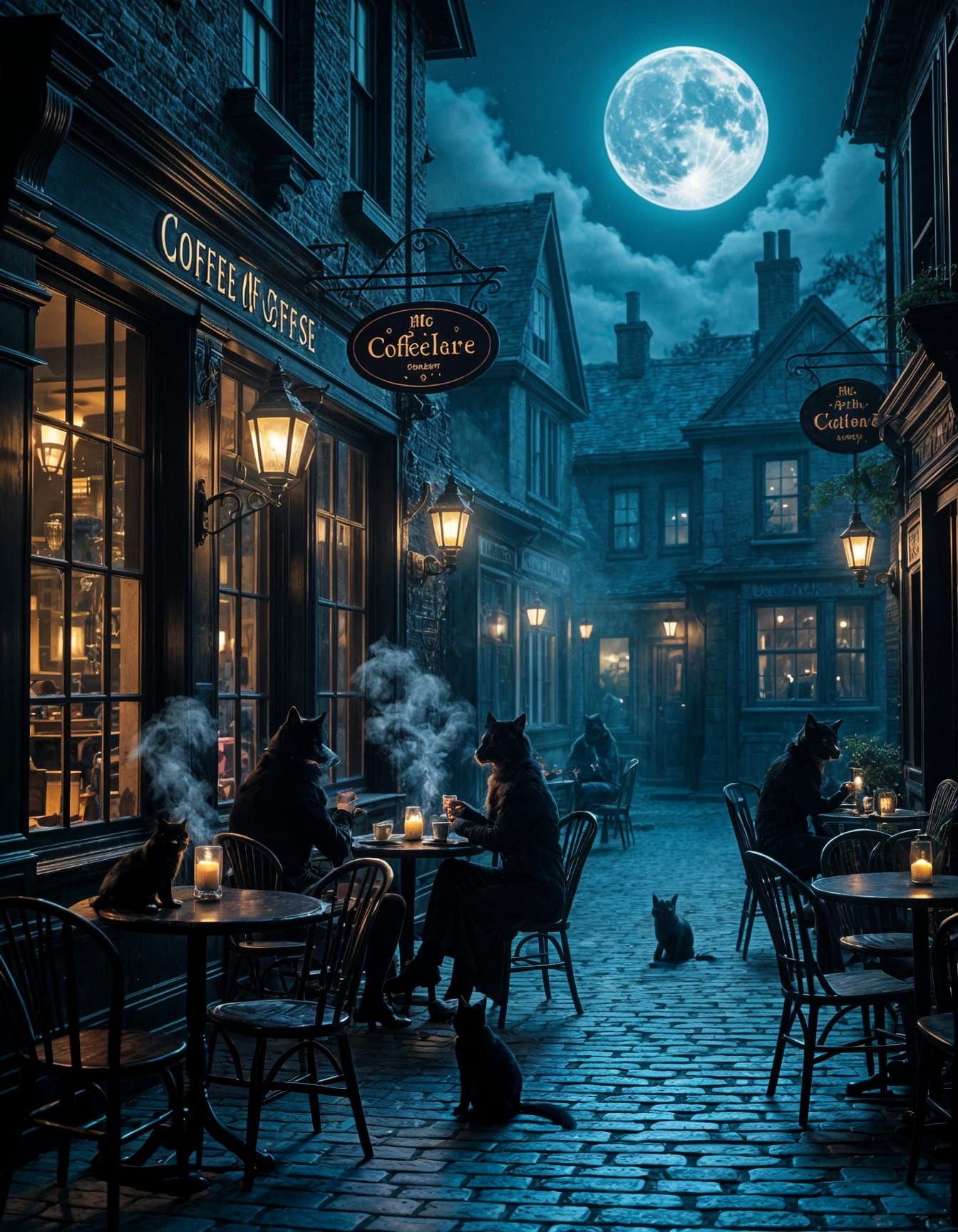 Gothic Coffeehouse Under Moonlit Sky