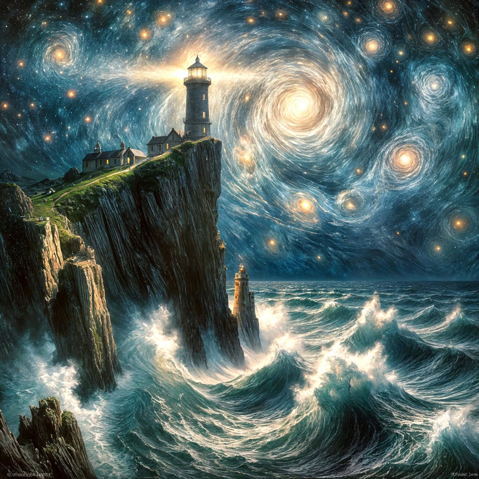 Lone Lighthouse on Craggy Cliff Under Galactic Sky