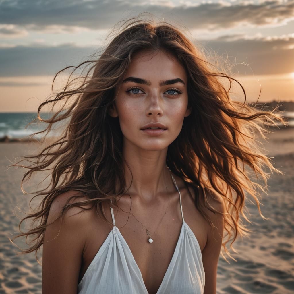 Sunset Beach Beauty with Flowing Hair