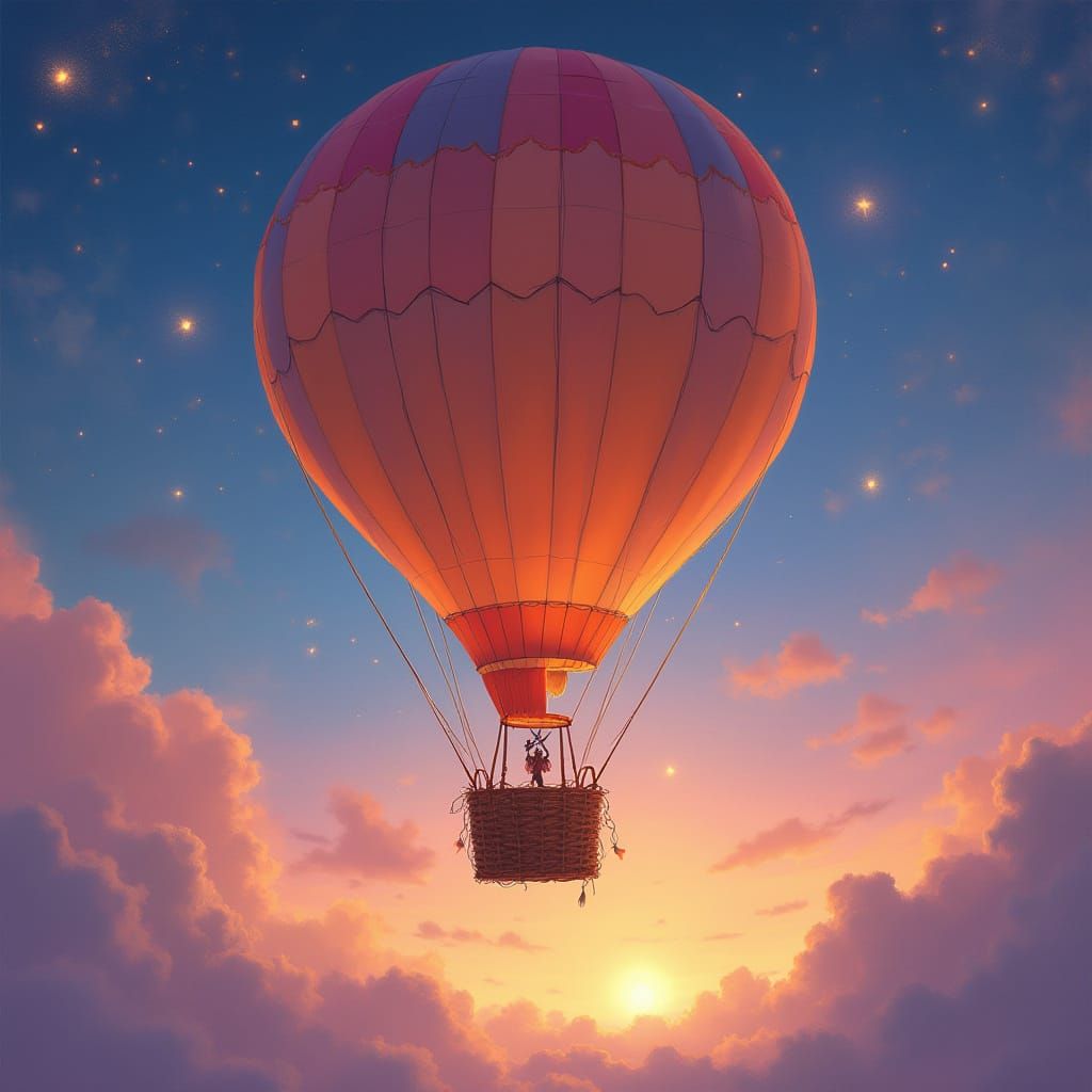 Vibrant Hot Air Balloon Ascends in Twilight Sky