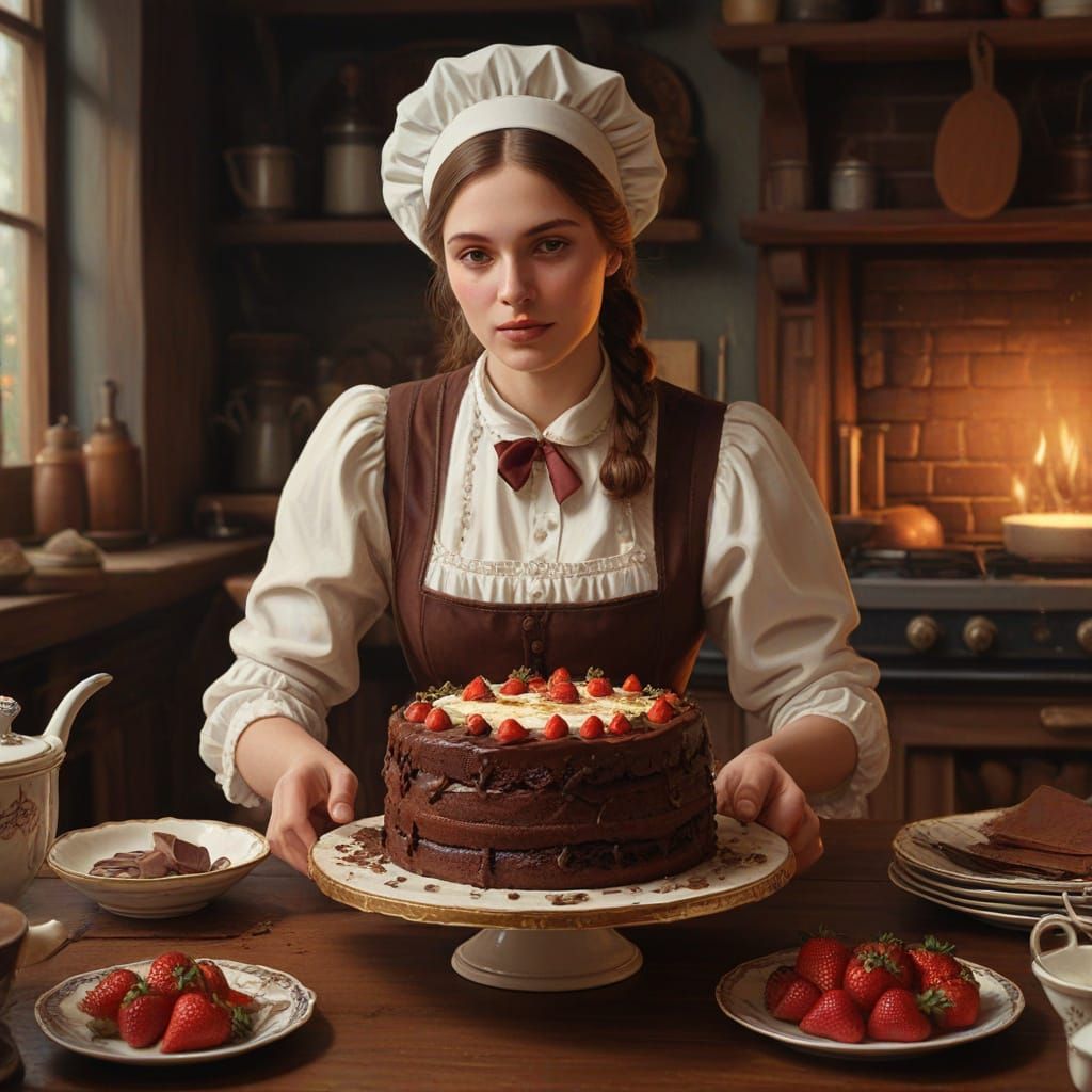 Victorian Lady Baking Chocolate Cake Illustration