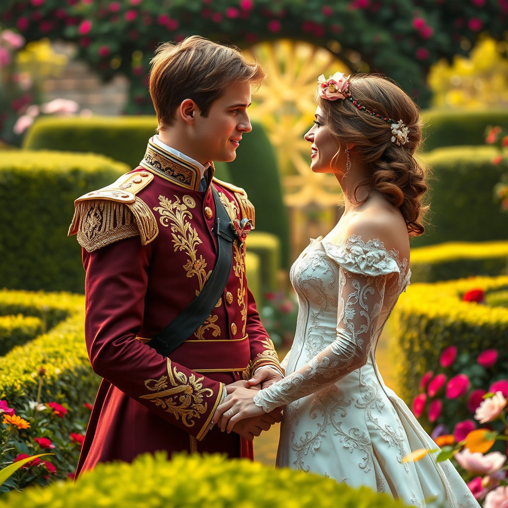 Romantic Couple in Lush Garden, Pre-Raphaelite Style