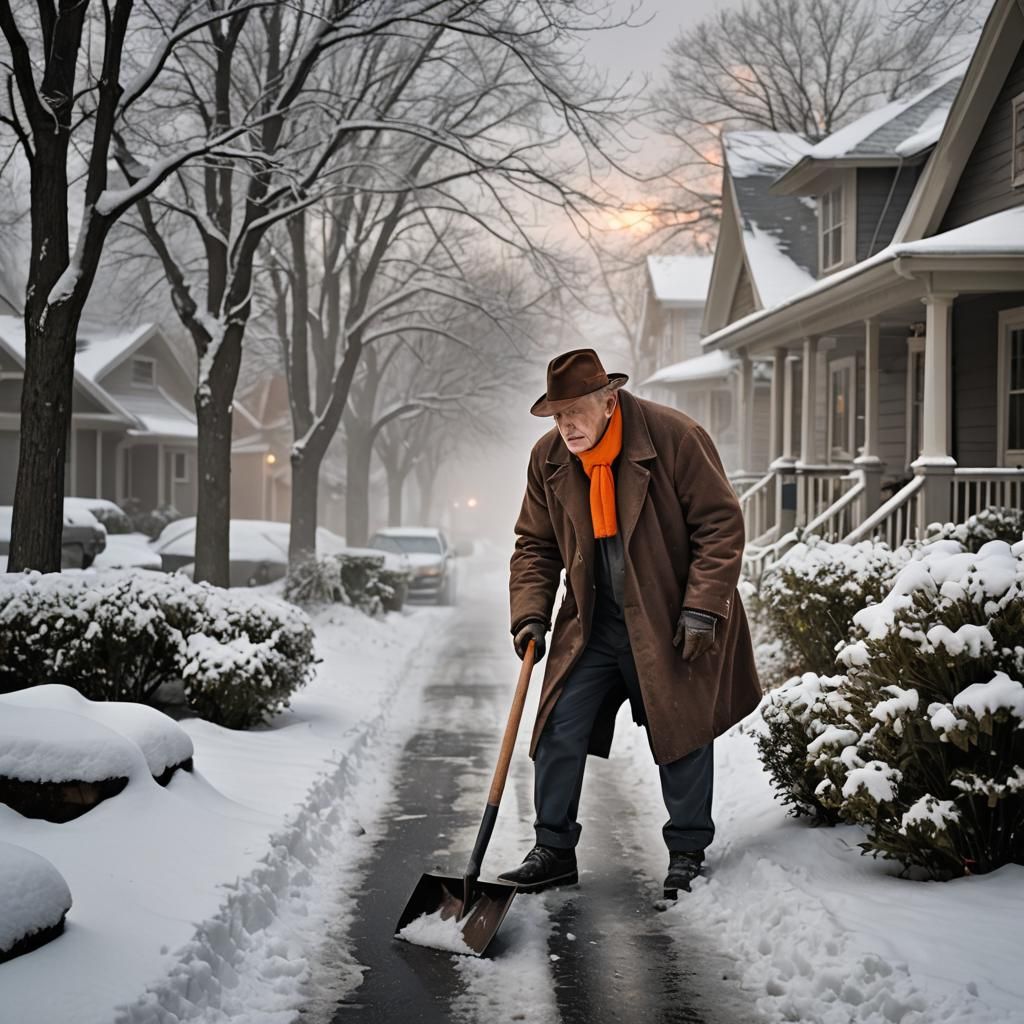 Old Man Shoveling Snow at Sunrise: Photorealistic Winter Sce...
