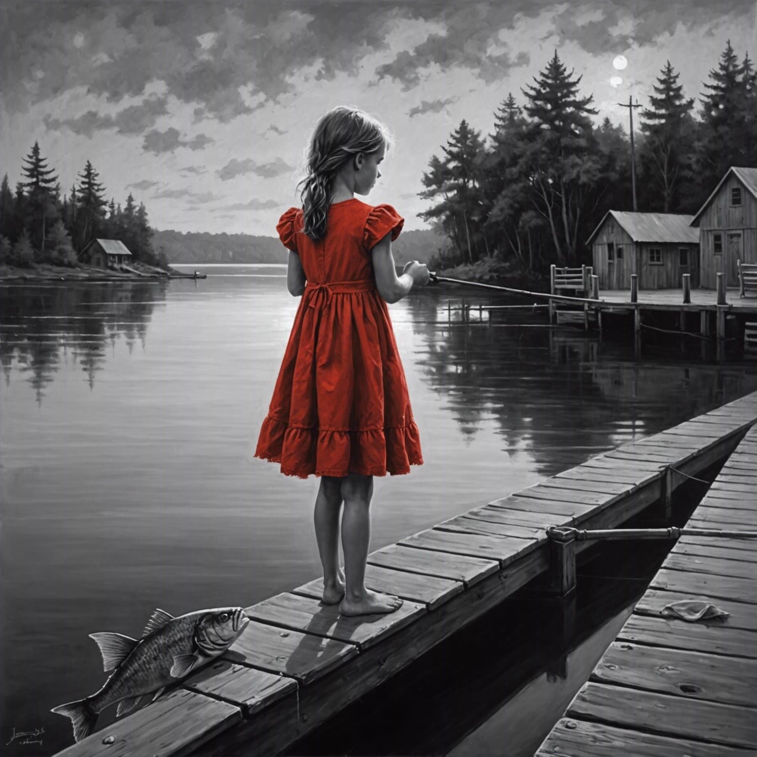 Girl Fishing at Dusk: Monochrome Oil Painting