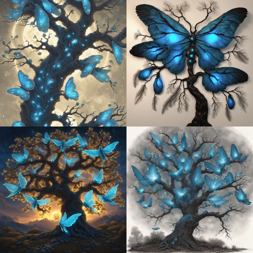 Moonlit Tree with Glowing Chrysalises and Blue Wings