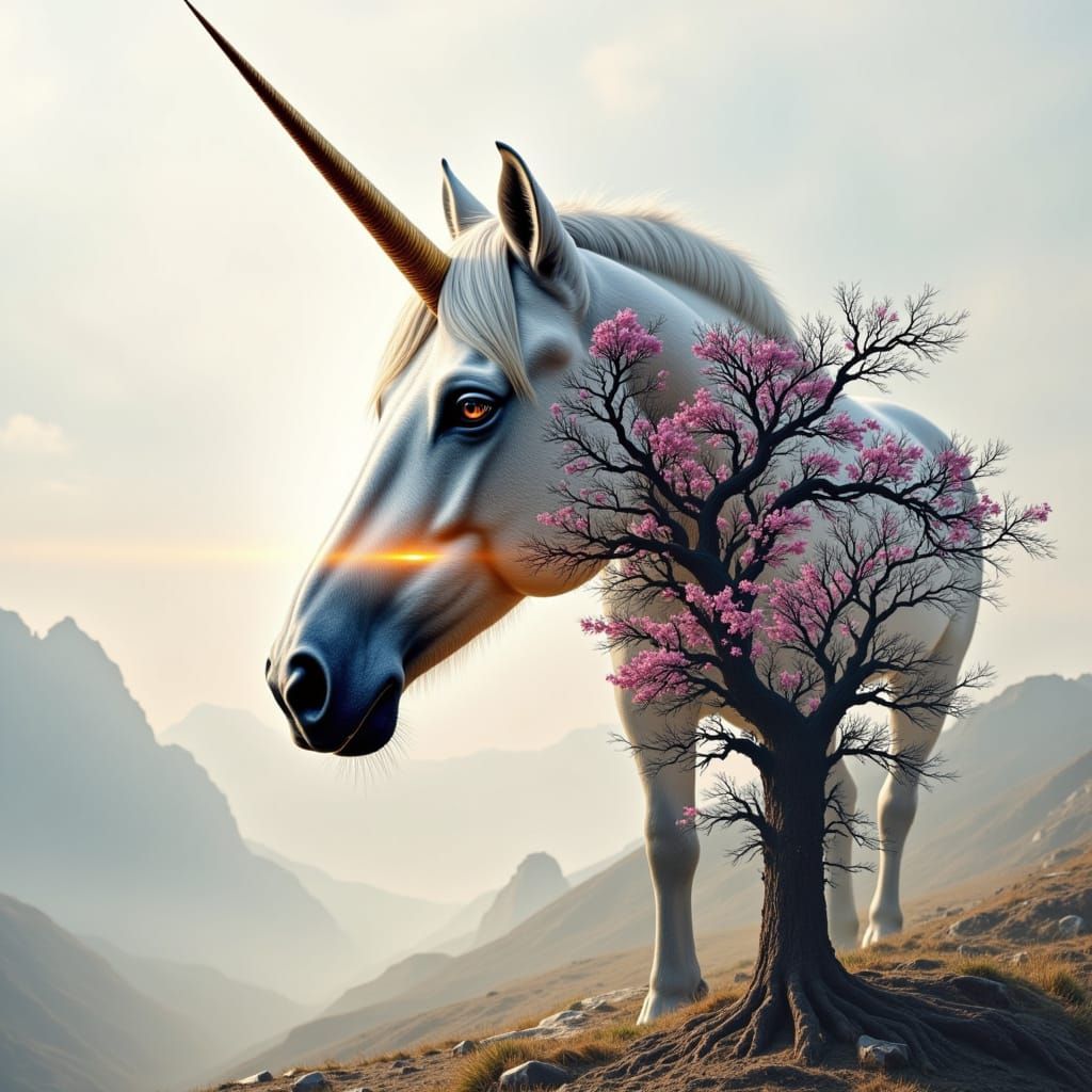 Surreal Double Exposure Dreamscape with Unicorn