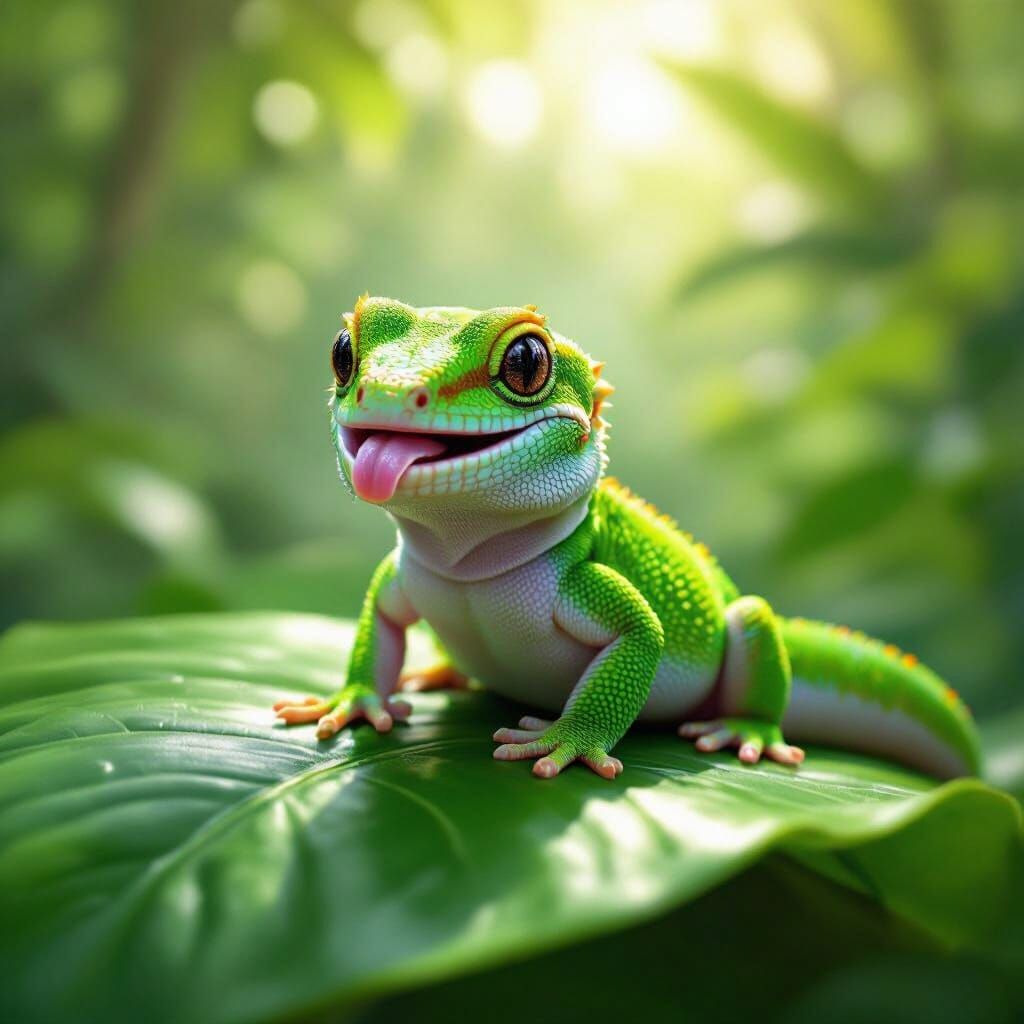 Adorable Baby Gecko with Tongue Out in Soft Sunlight