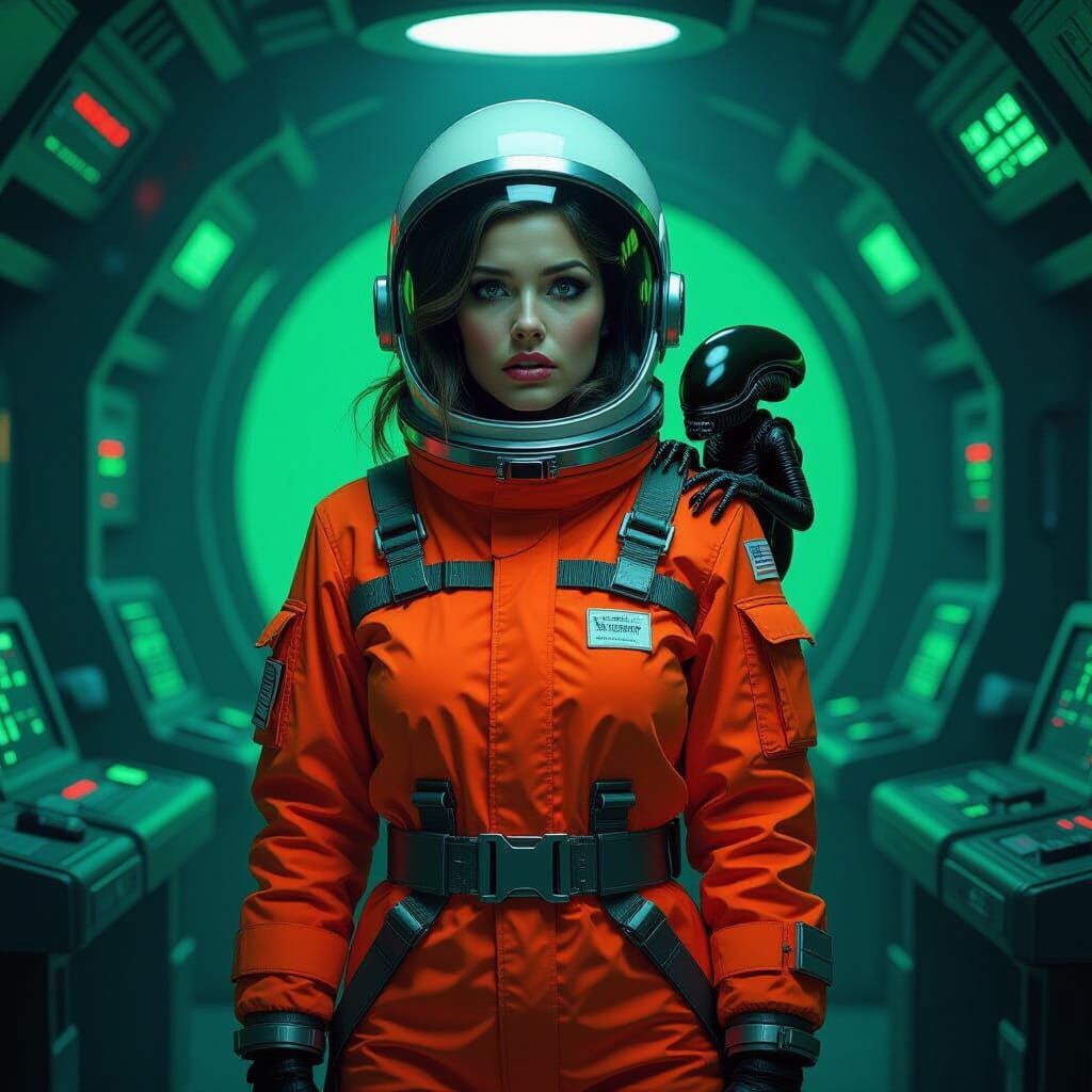 Terrified Astronaut and Xenomorph in Dark Fantasy Style