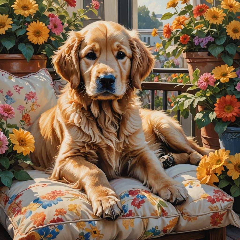 Golden Retriever Puppy Portrait with Flowers as Oil Painting
