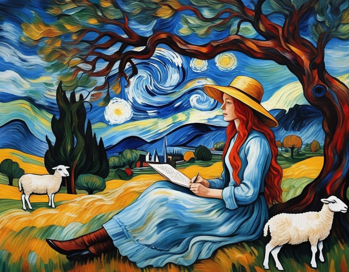 Shepherdess Watching Sheep: Impasto Style Mountain Landscape