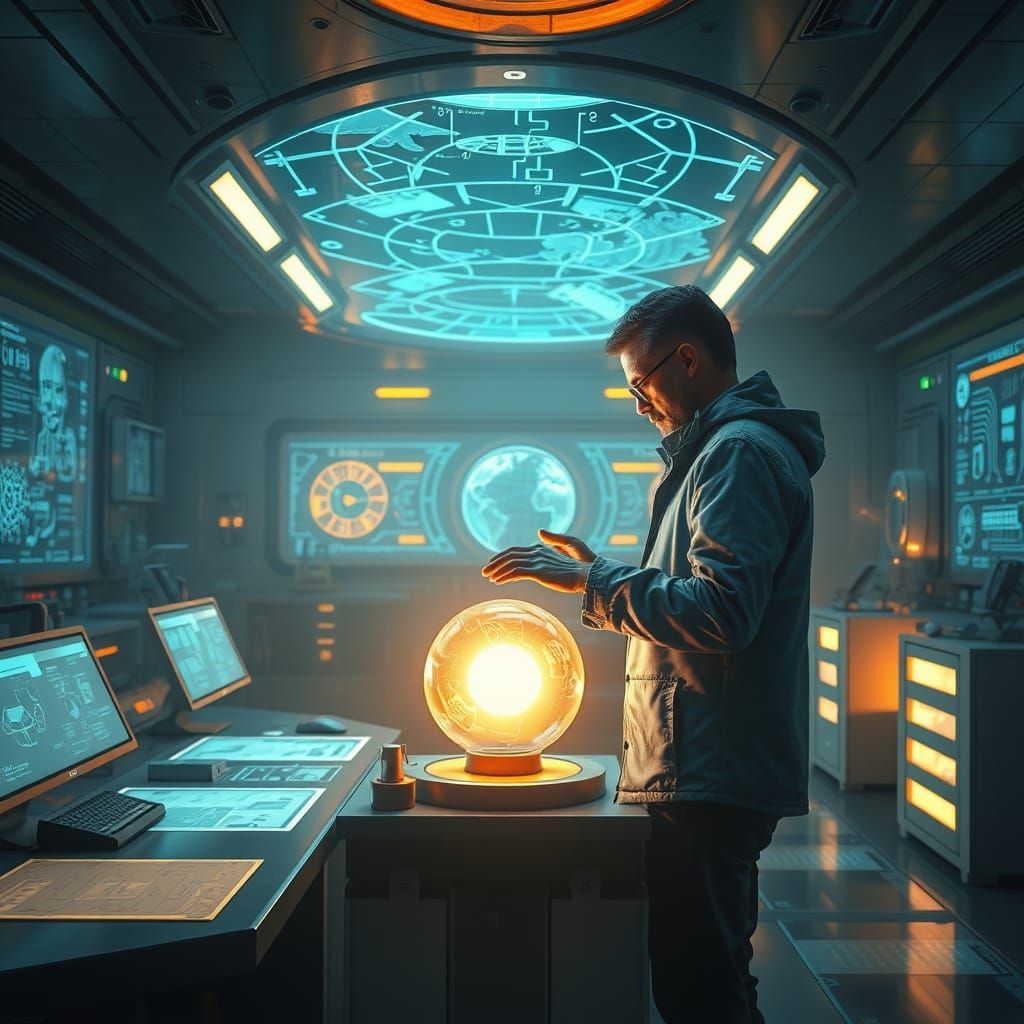 Inventor in a Futuristic Lab Assembled Energy Orb in a Cinem...