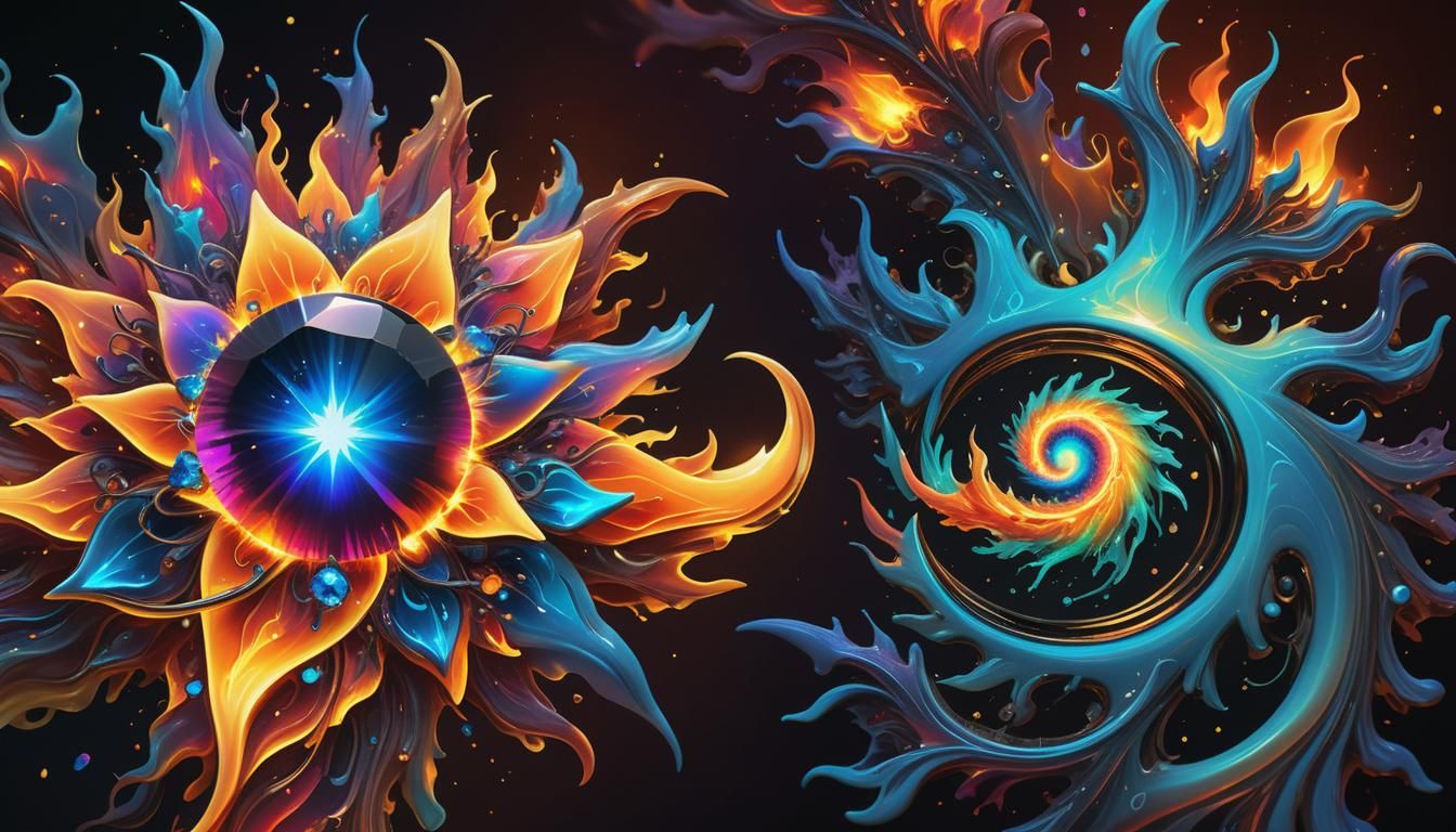 Fire and Water Elementals Surround Bioluminescent Gemstone