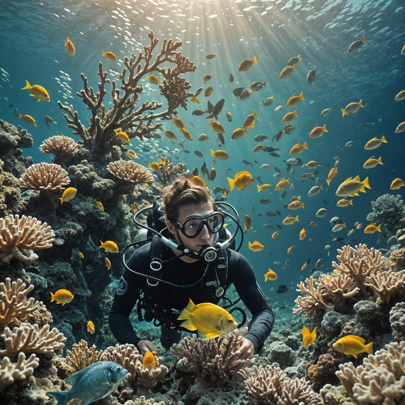 Cinematic Scuba Diver Among Exotic Coral Reef Fish