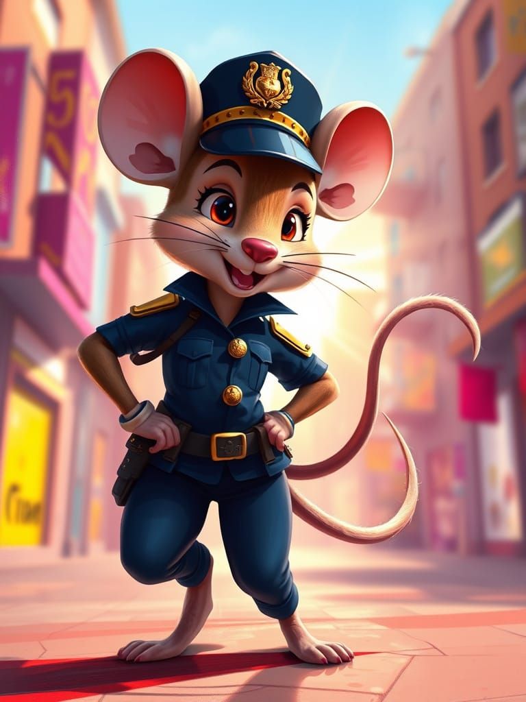 Whimsical Policewoman Mouse Girl in Dynamic Digital Oil Pain...