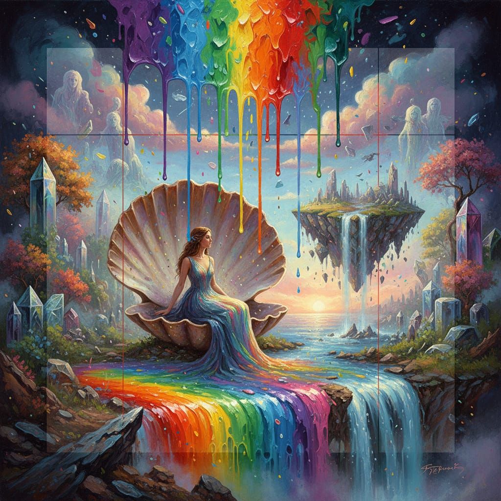 Surreal Figure in Glass Garden with Rainbow Storm