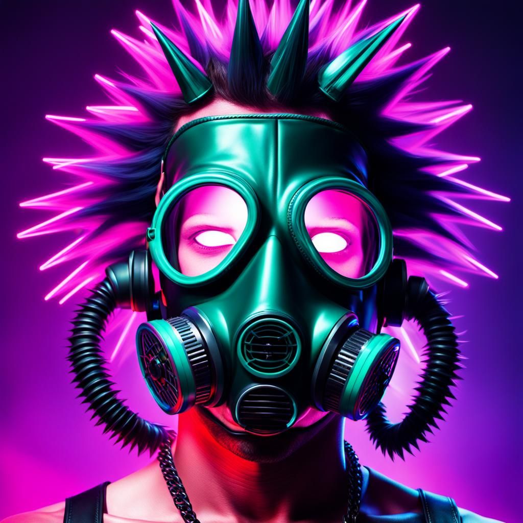 Man in Spiked Gasmask at Synthwave Neon Club