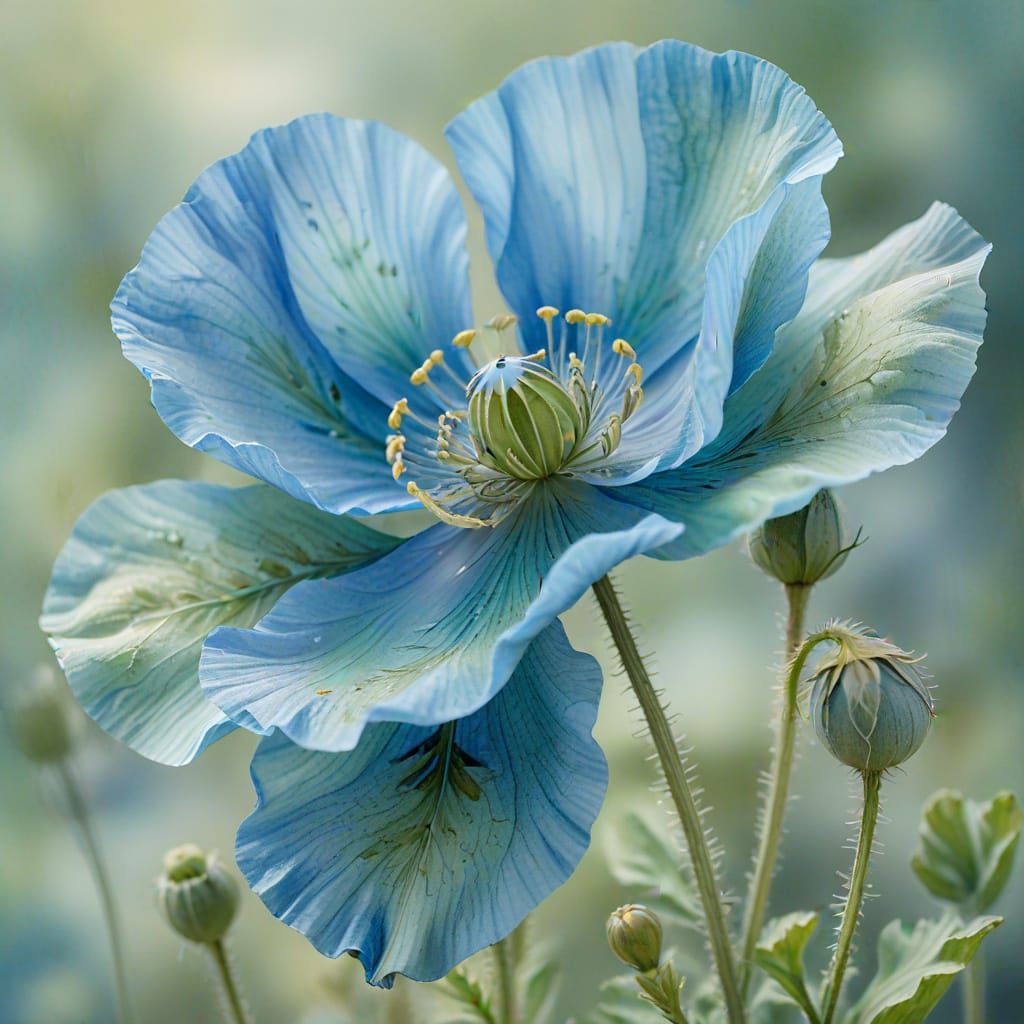 Delicate Blue Poppy: A Watercolor Close-Up