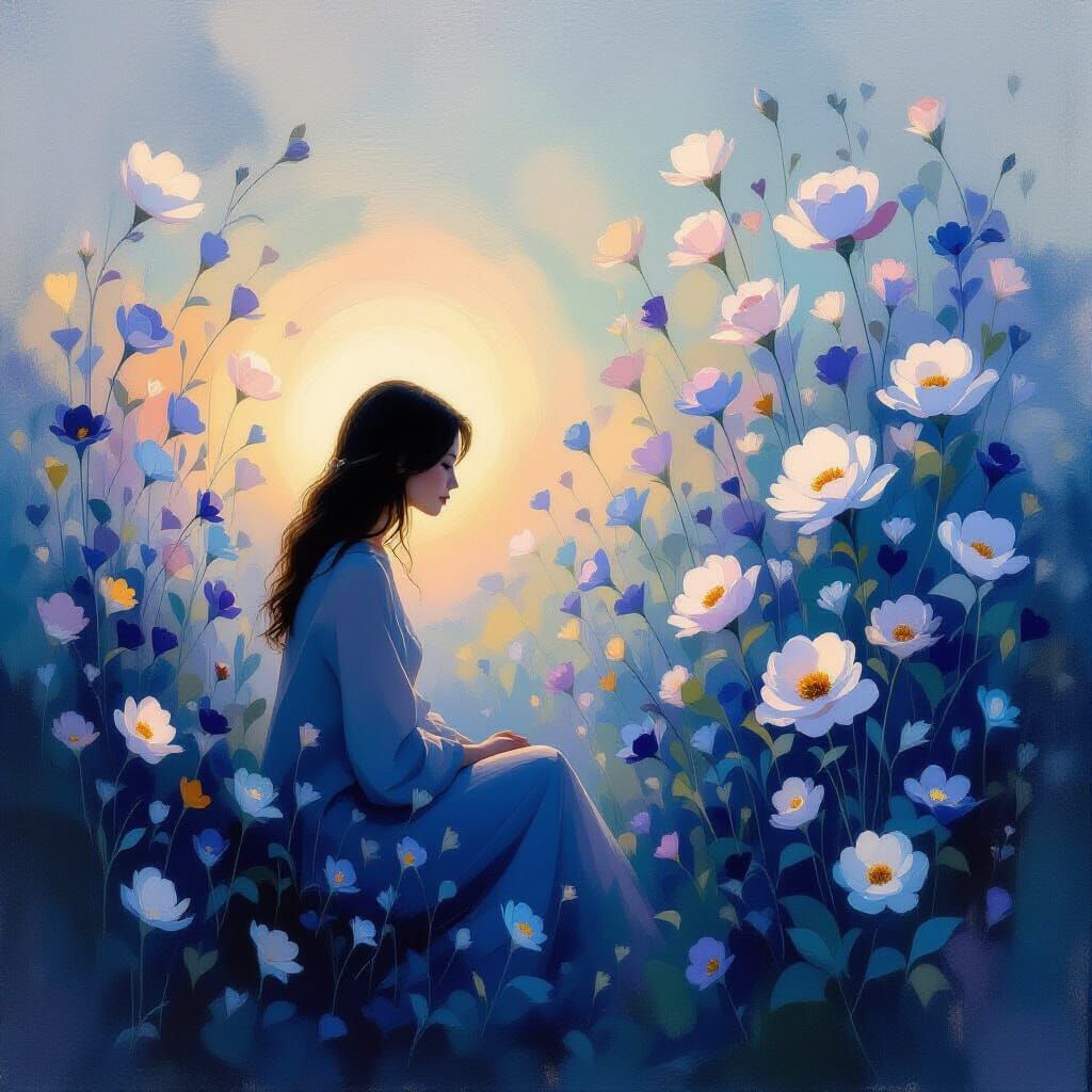 Inner Peace in Ethereal Garden: Impressionistic Twilight Sce...