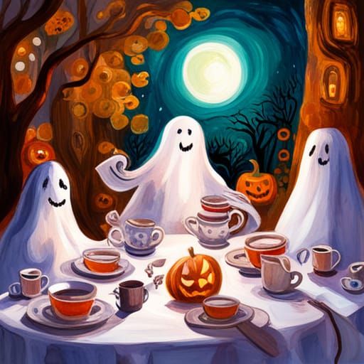 Halloween Tea Party with Cute Ghosts in Gouache Style