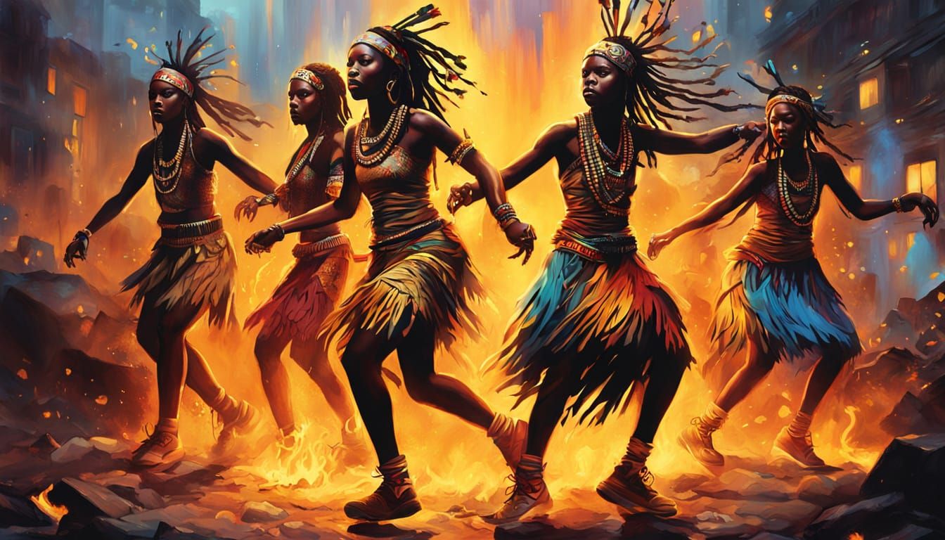 Zulu Women Dancing by Bonfire in Urban Graffiti Art