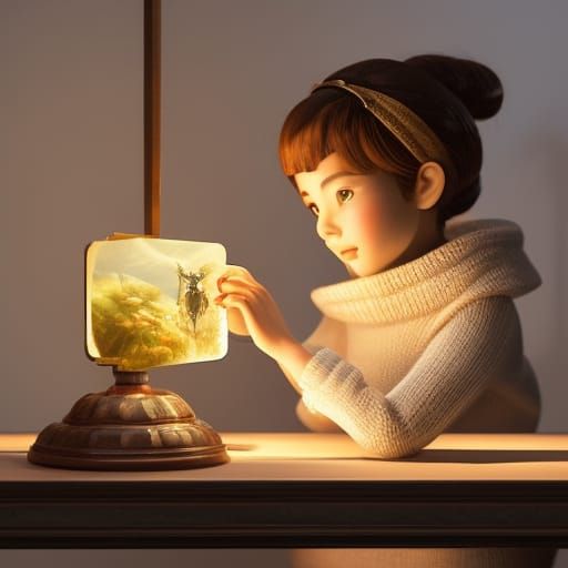 Girl Studies Stamp by Oil Lamp, Detailed 3D Art