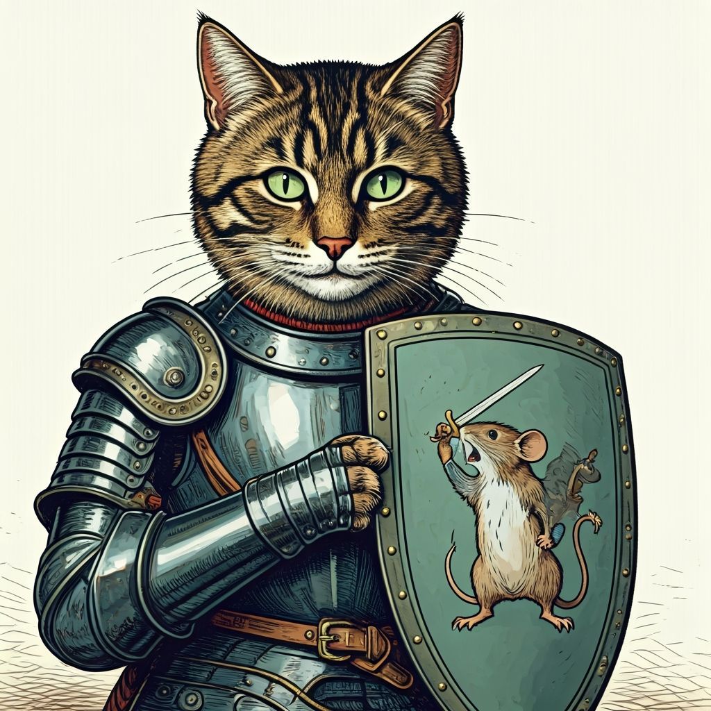Style of Tenniel, a cat in armour holding a shield showing a...