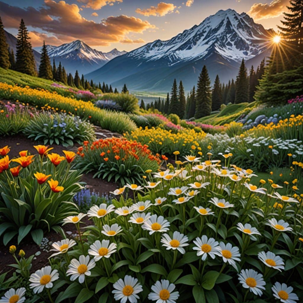 Vibrant Alpine Garden in Golden Light