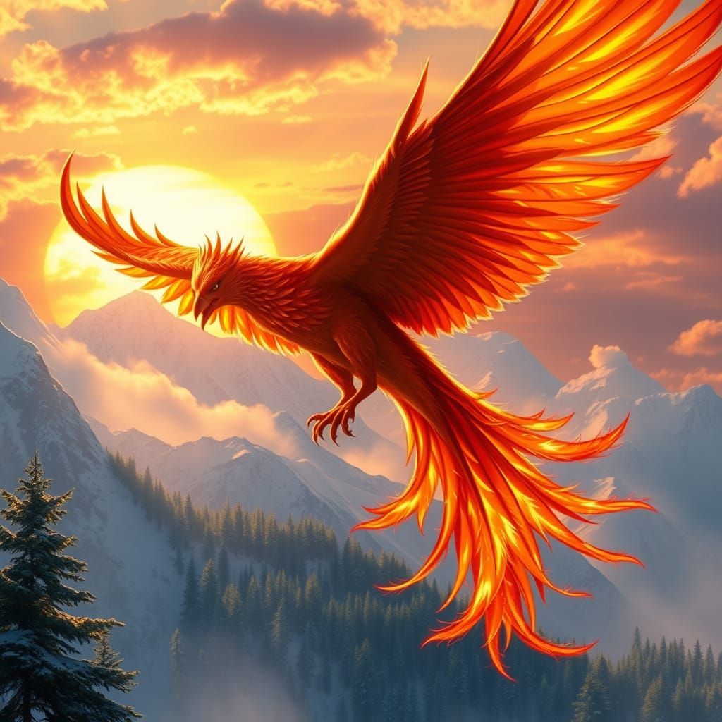 Ethereal Phoenix Ascends in Vibrant, Cinematic Sunrise