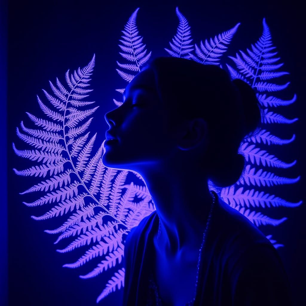 Surreal Woman in Vibrant Cyanotype Landscape