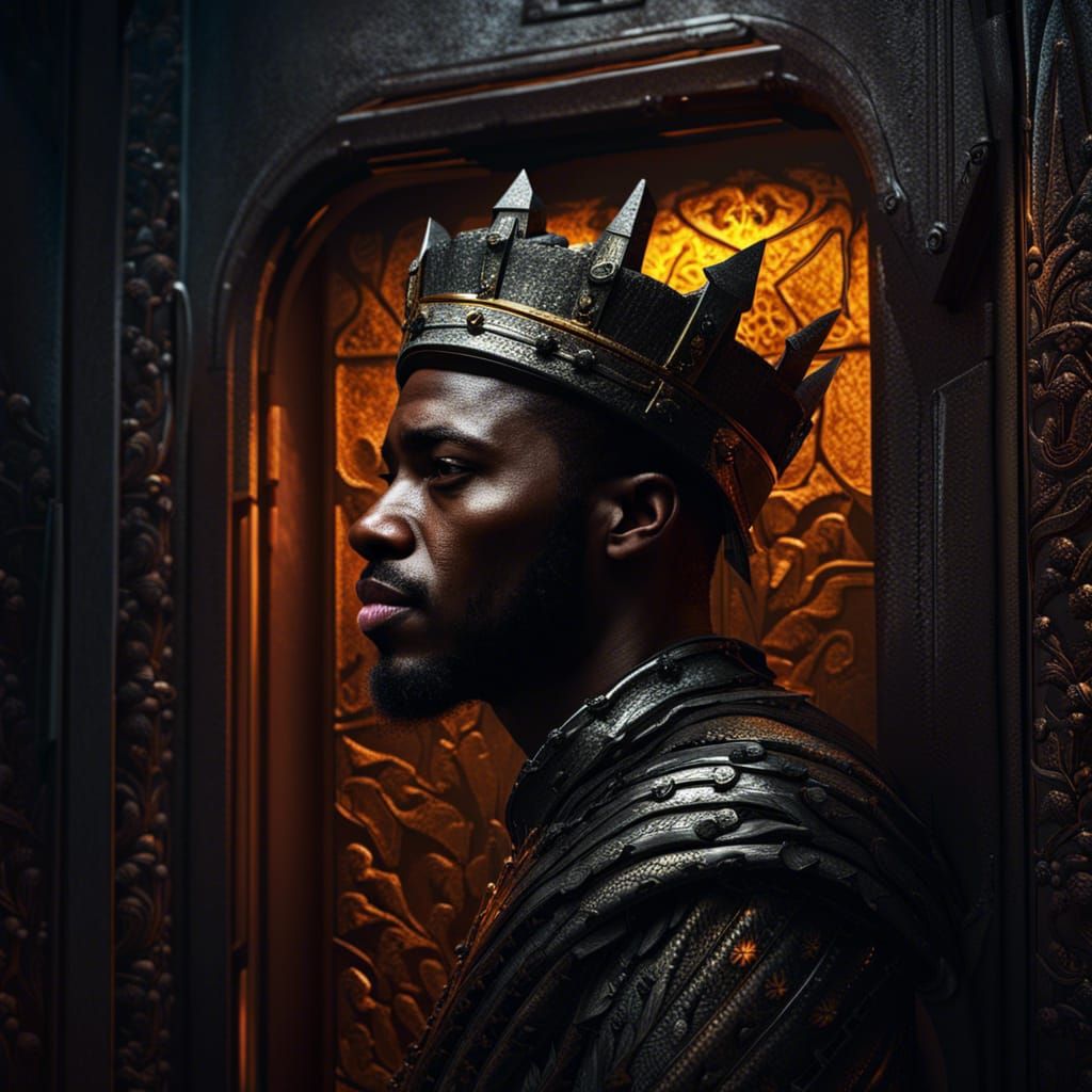 Hyperrealistic Black King at Castle Door