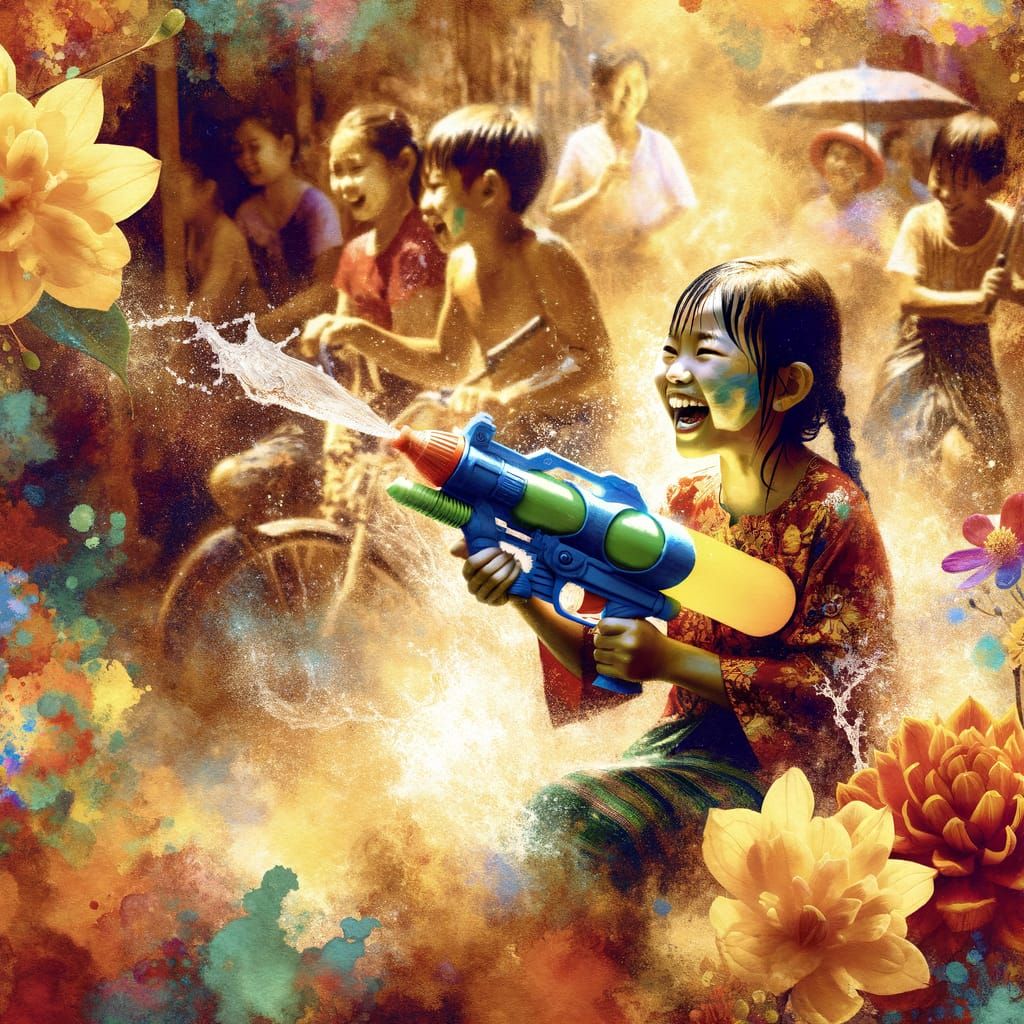 Joyful Myanmar Girl Celebrates Vibrant Water Festival in Max...