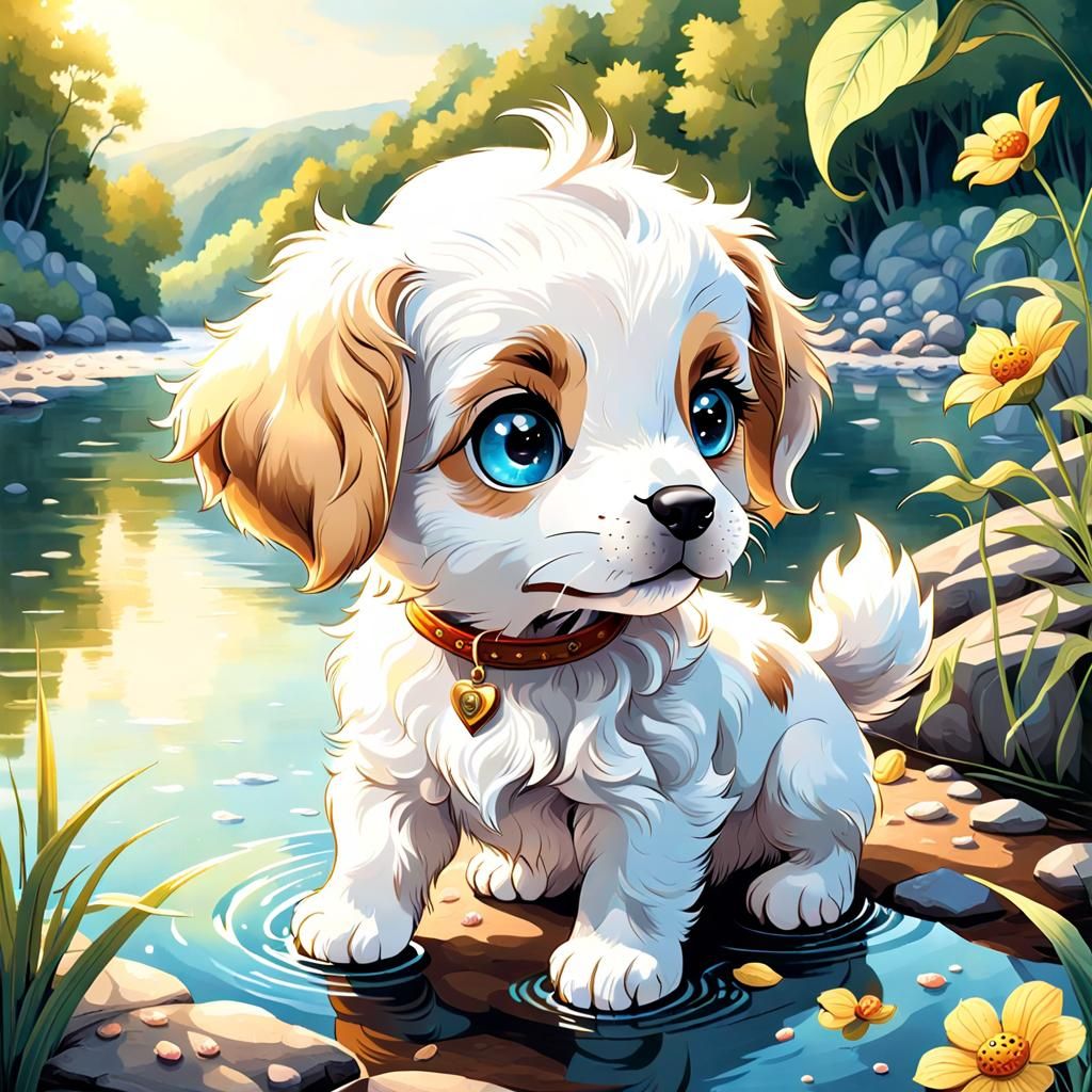 Puppy Near River in Detailed Romantic Style