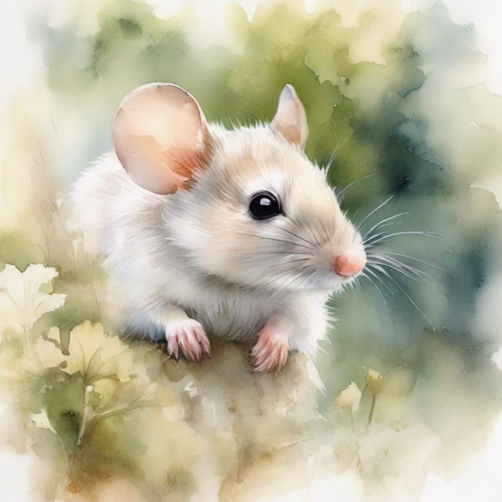 Shy Mouse Hiding in Dreamy Watercolor Style