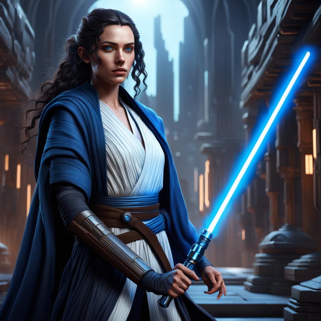 Female Jedi Knight with Blue Lightsaber