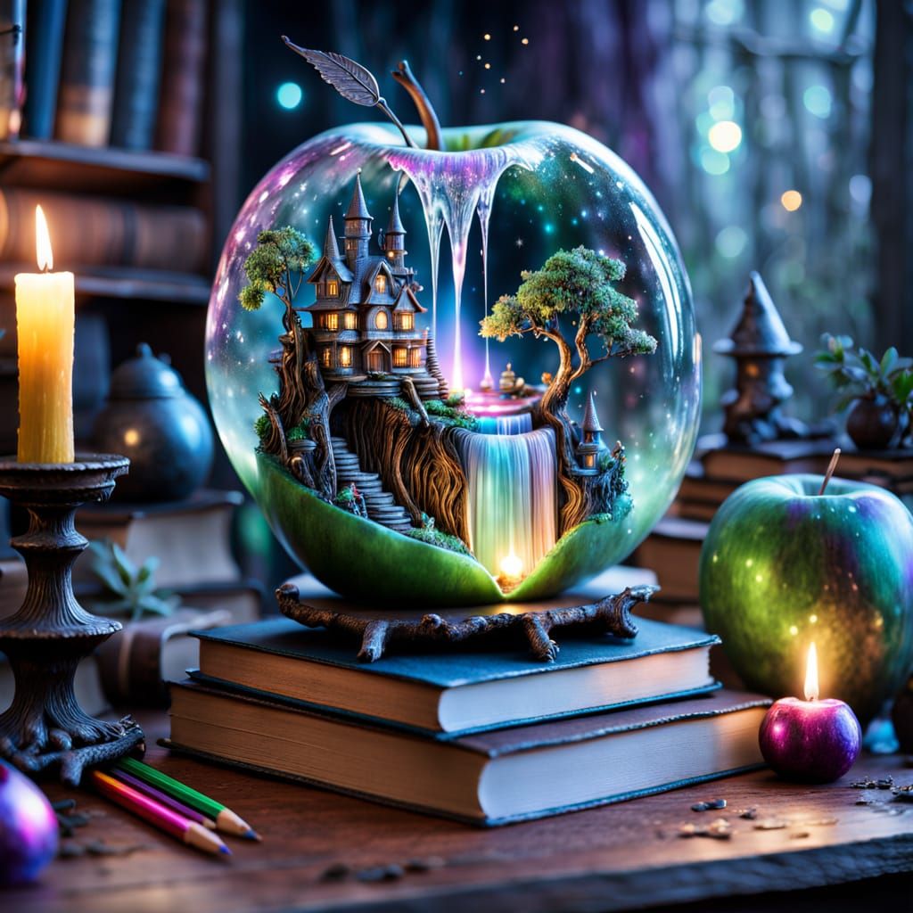 Ethereal Waterfall in Glass Apple, Surrounded by Whimsical F...