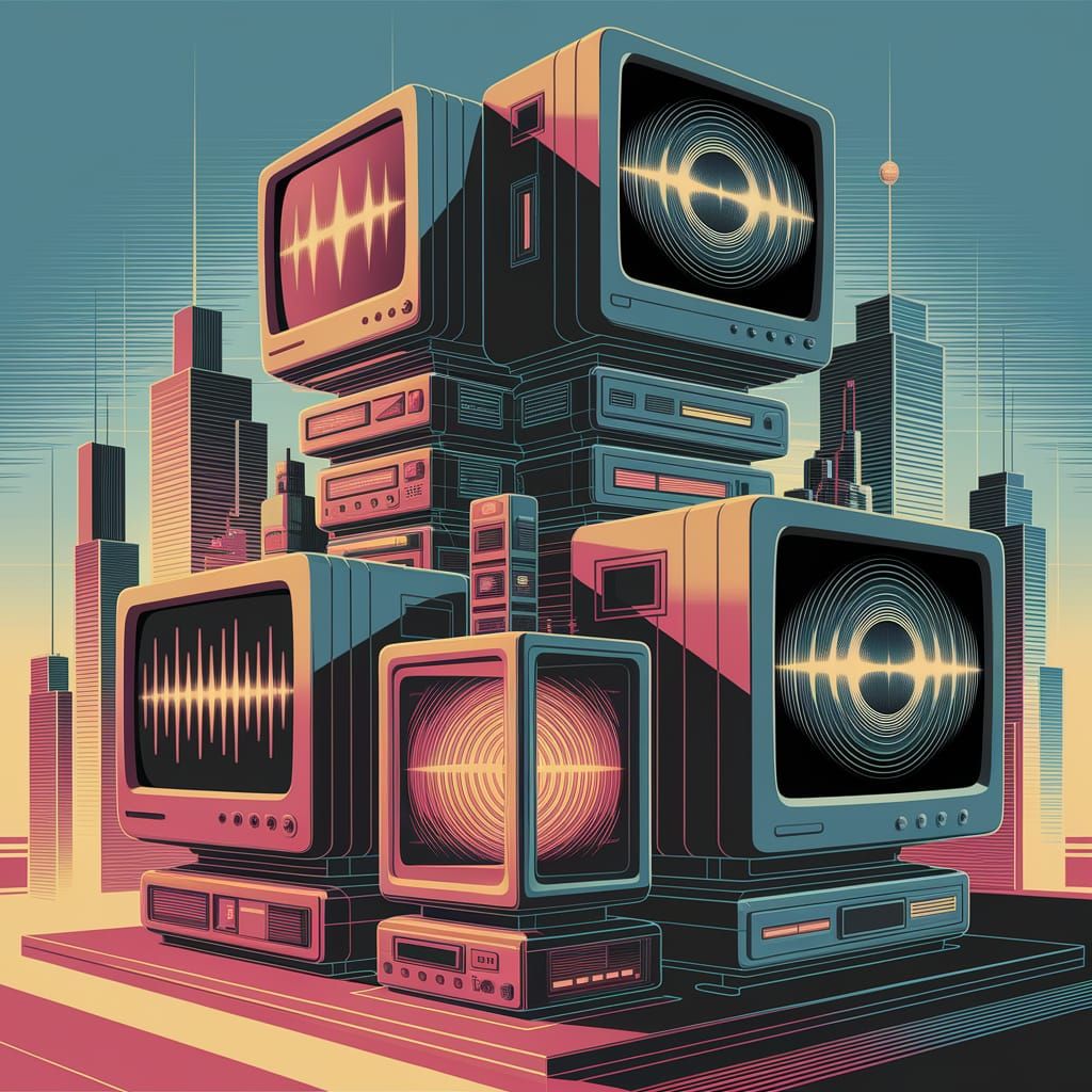 Futuristic Cityscape with CRT Monitors in 1980s Style