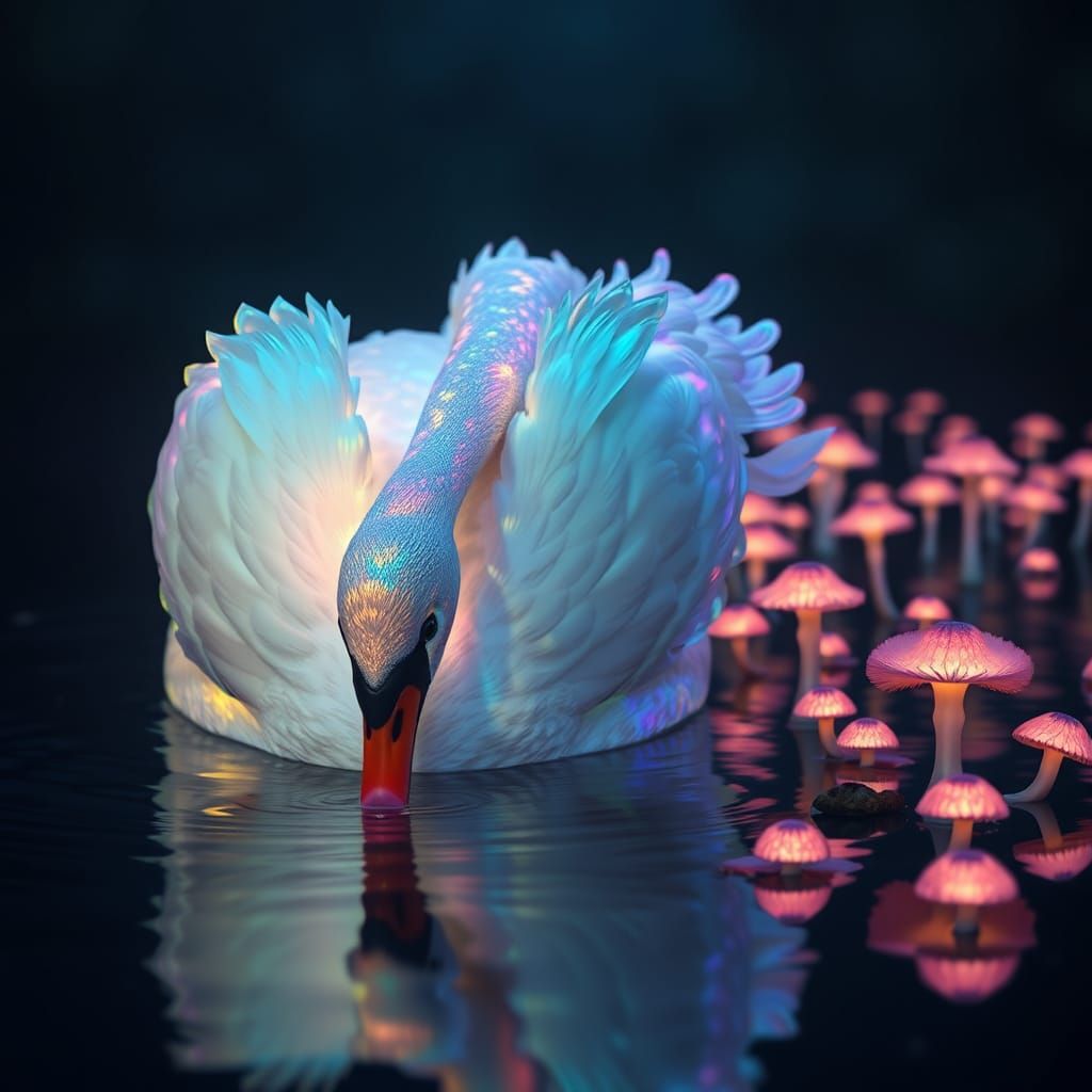 Iridescent Swan Drinking at Illuminated Lakeside