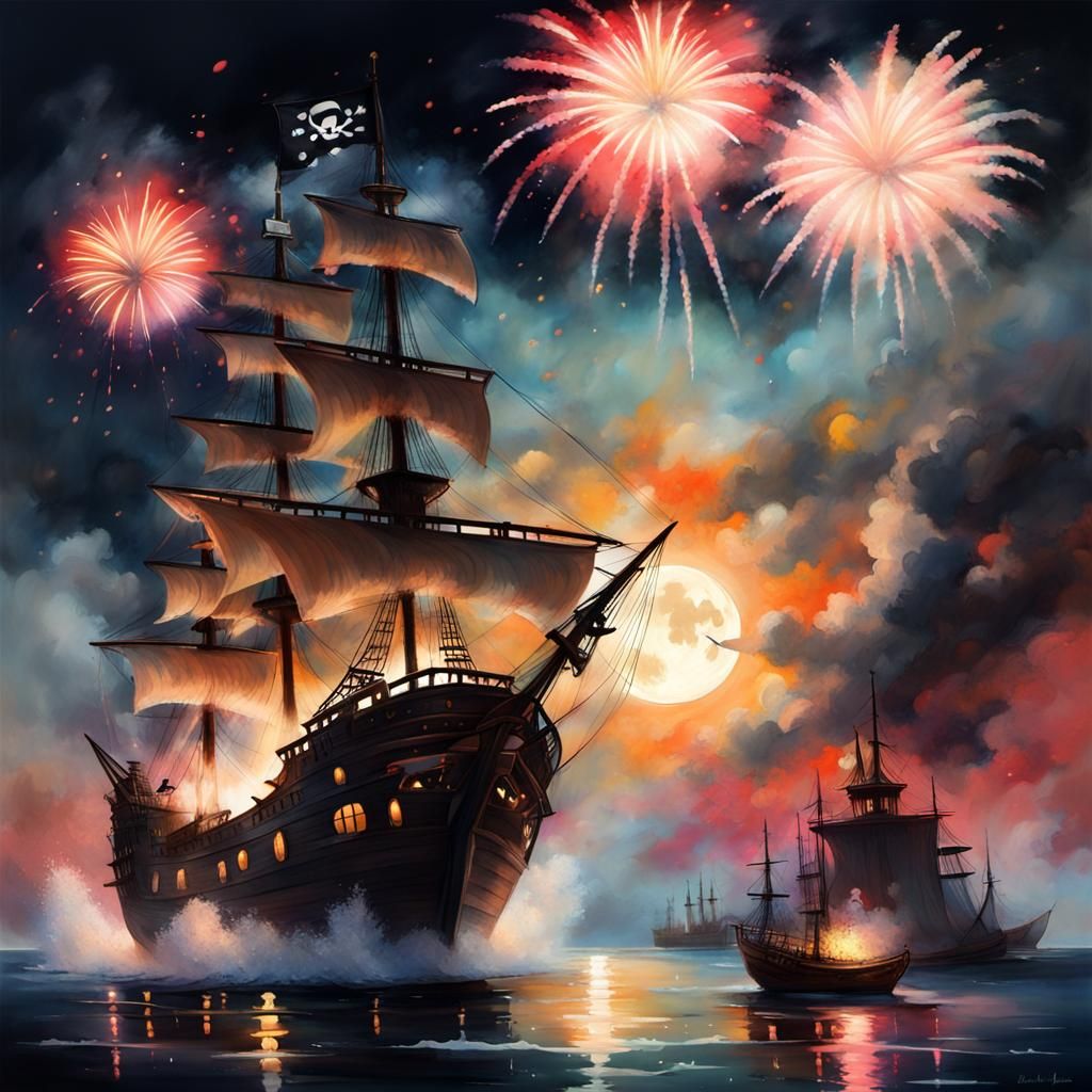 Pirate Ship Fireworks: Tachisme Water Painting