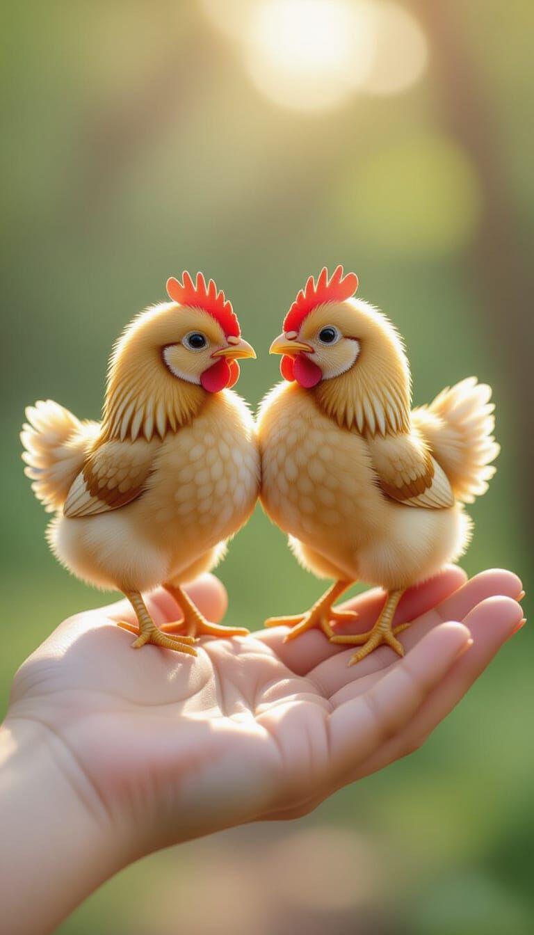 Two Tiny Dancing Chickens On A Hand In Realistic Cartoon Sty...