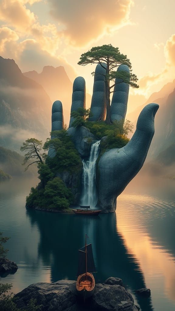 Majestic Stone Hand Cradles Lush Ecosystem in Dreamlike Land...