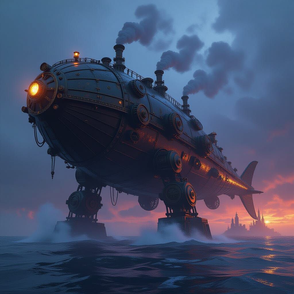 Clockwork Leviathan Emerges from Stormy Sea in Steampunk Dys...