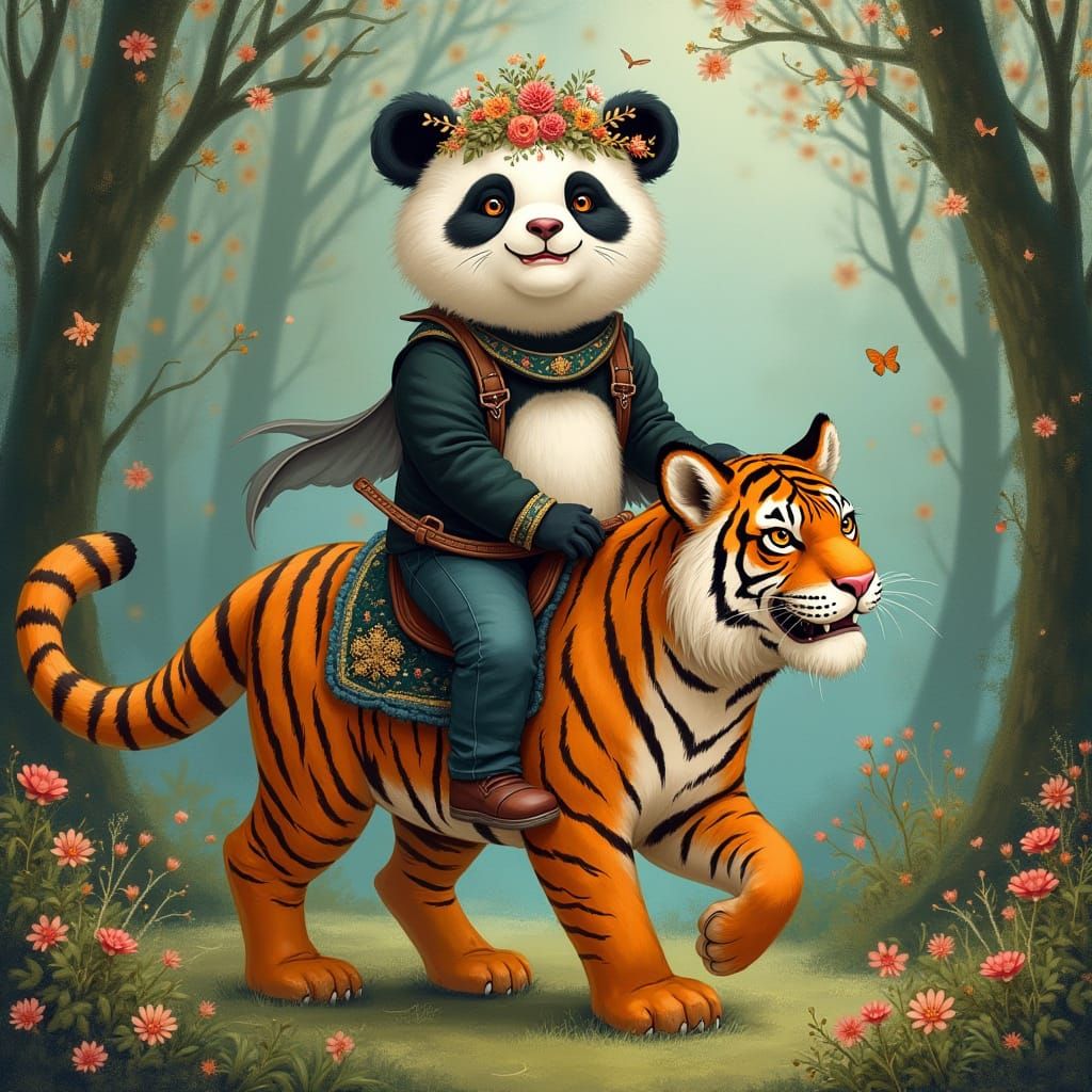Panda Rides Tiger in Dreamy Forest, Storybook Style