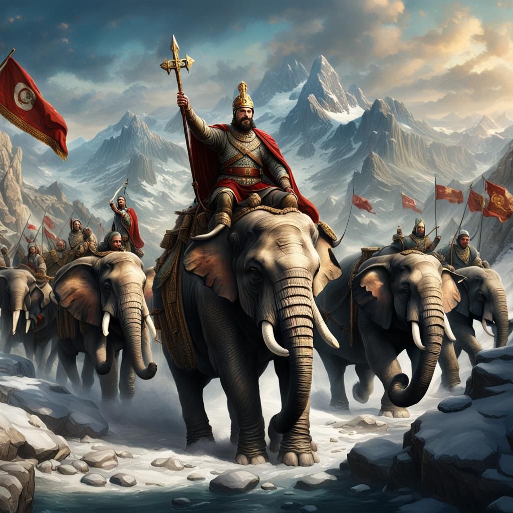 Hannibal Crossing the Alps with War Elephants