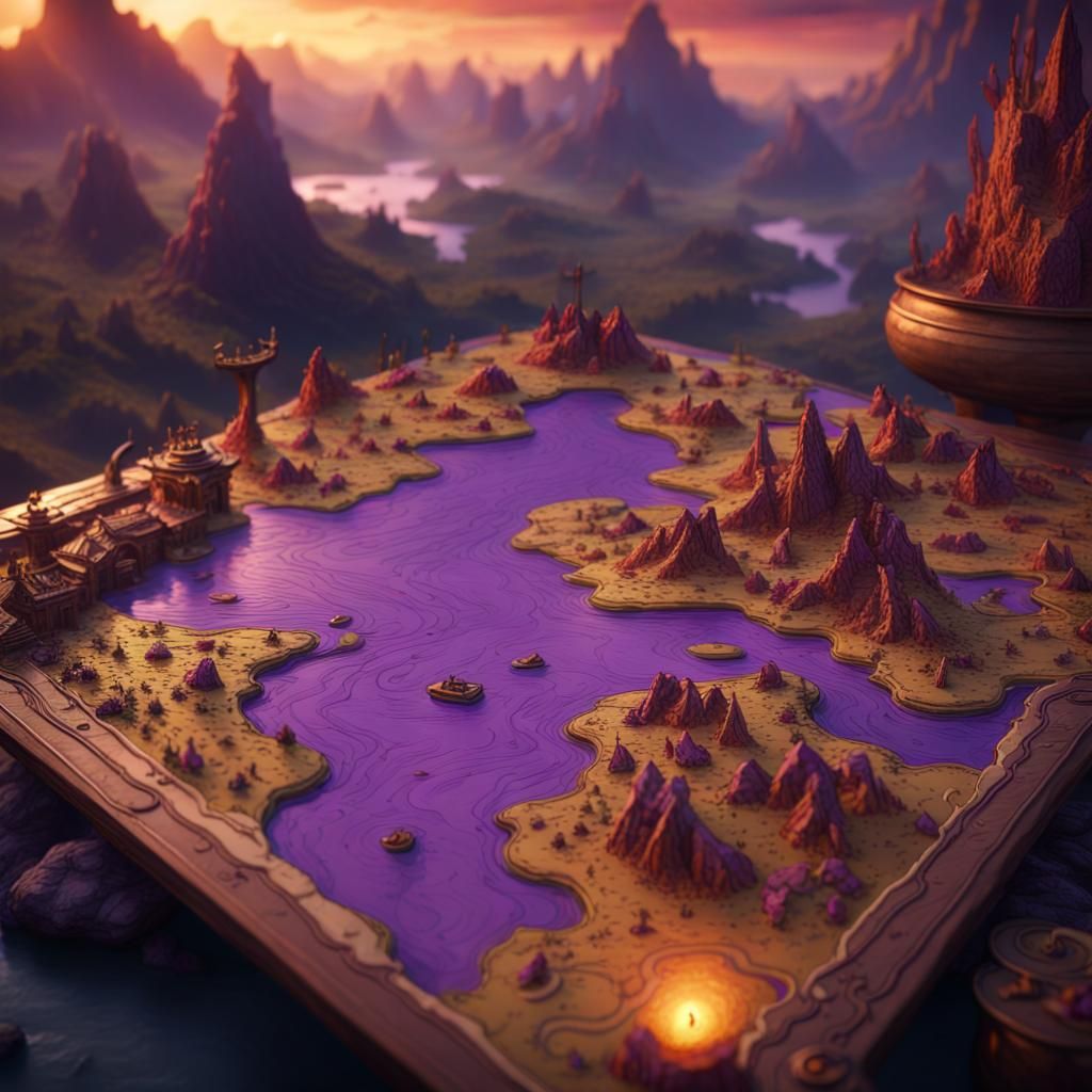 Multicolor Treasure Map with Purple Rivers and Fire Mountain...