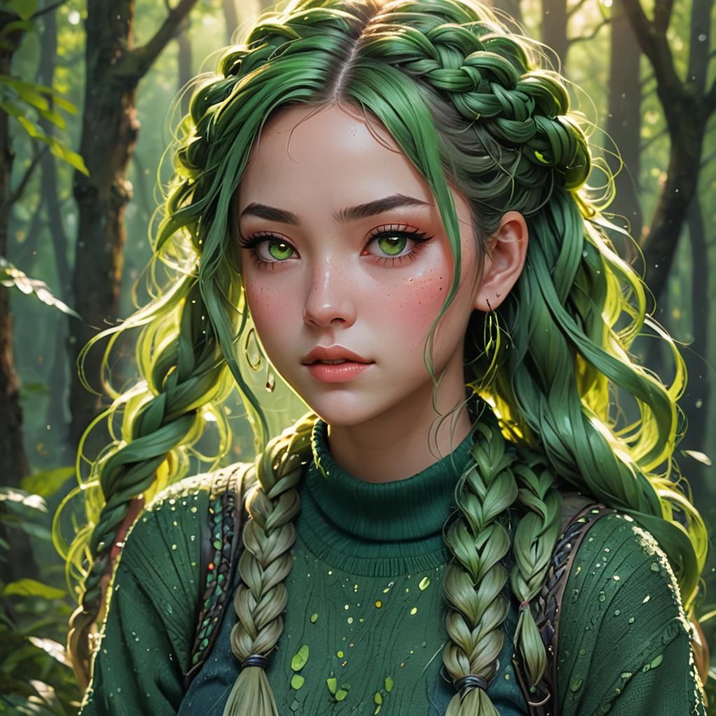 Anime Girl Portrait with Braids in Forest, Macro Photography