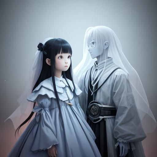 Two ghosts : one ghost girl about five or six years old, about one meter tall, and the other ghost boy about three years...