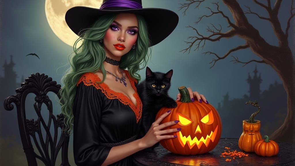 Witch with Cat Carving Pumpkin in Oil Paint Style